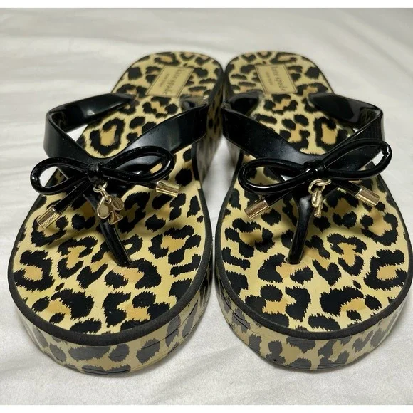 KATE SPADE Leopard Flip Flops Platform Sandal Black Bow Womens 7M New Logo Charm - Picture 3 of 9